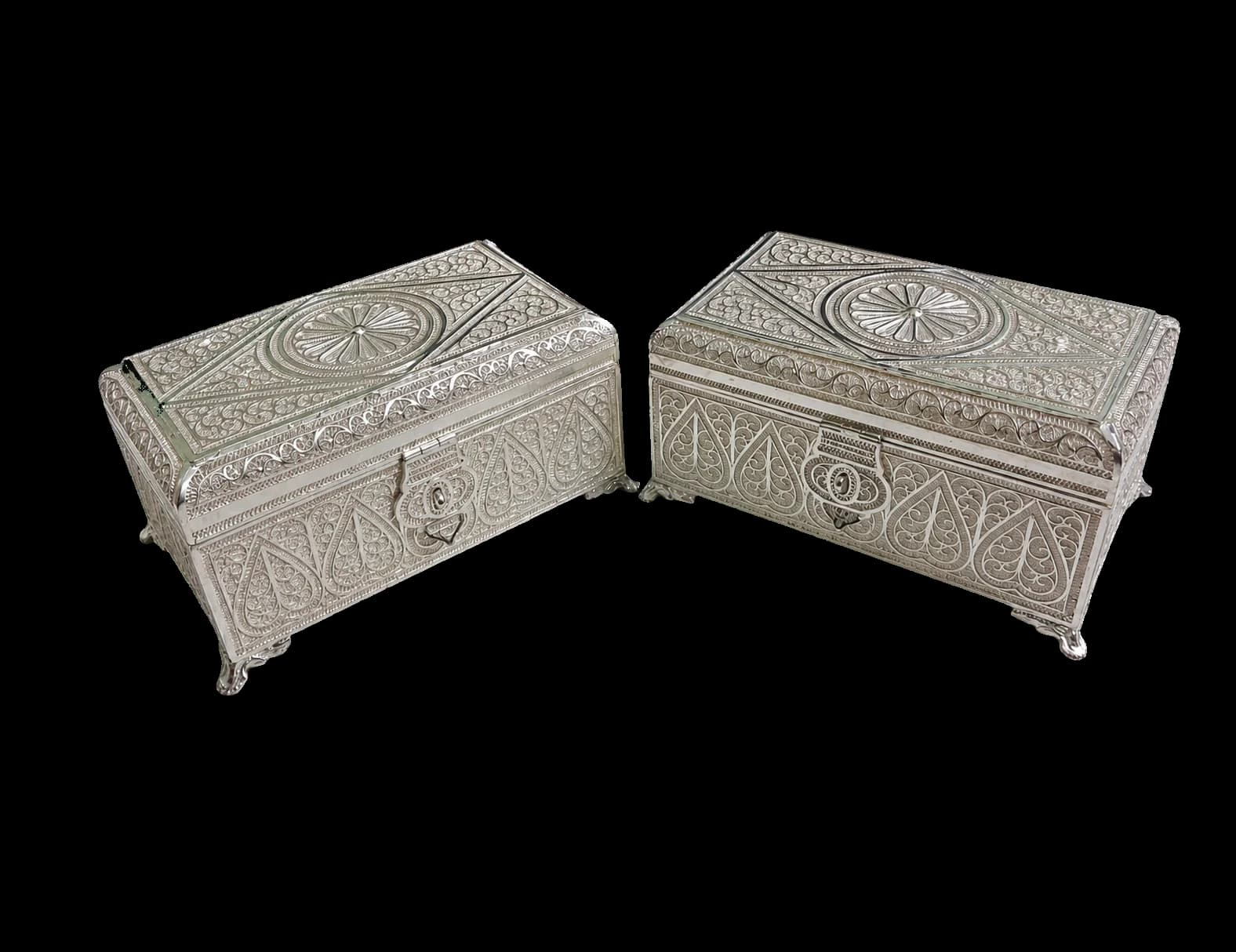 Pair of coordinated silver filigree jewellery boxes